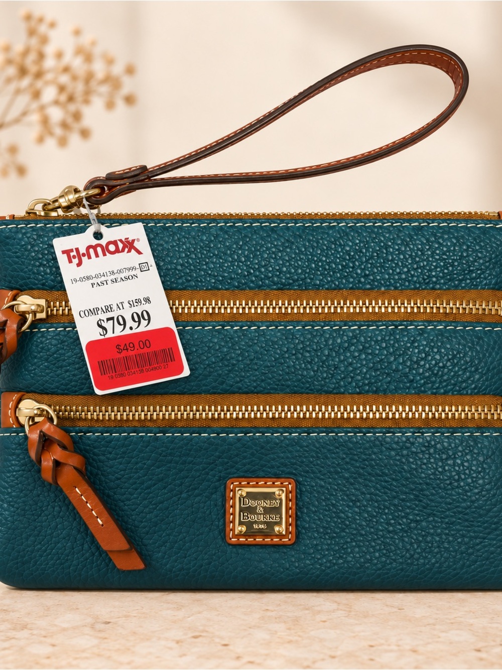 Dooney & Bourke Teal Pebbled Leather Wristlet with Tan Accents